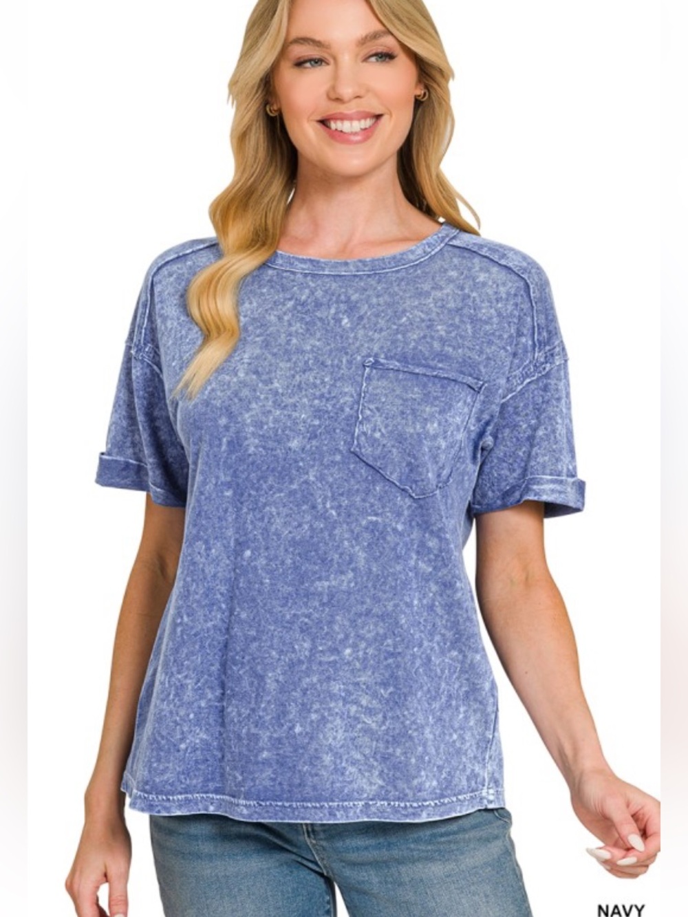 Zenana Halo Snow Washed Relaxed Fit Pocket Tee, Navy